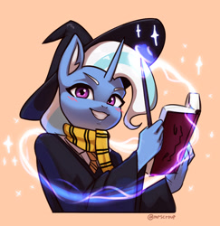Size: 3000x3088 | Tagged: safe, artist:mrscroup, trixie, unicorn, anthro, g4, blushing, book, clothes, ear fluff, gritted teeth, harry potter (series), hat, high res, magic, necktie, scarf, solo, wand, witch hat