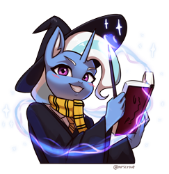 Size: 3000x3088 | Tagged: safe, alternate version, artist:mrscroup, trixie, unicorn, anthro, blushing, book, clothes, ear fluff, gritted teeth, hat, high res, looking at you, magic, scarf, simple background, smiling, solo, transparent background, wand, wizard hat, wizard robe