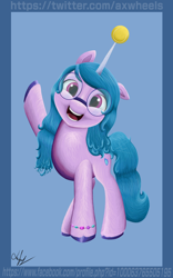 Size: 3000x4800 | Tagged: safe, artist:axwheels, izzy moonbow, pony, unicorn, g5, my little pony: a new generation, ball, caption, glasses, happy, horn, hornball, image macro, looking at you, smiling, solo, waving