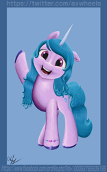 Size: 3000x4800 | Tagged: safe, artist:axwheels, izzy moonbow, pony, unicorn, g5, my little pony: a new generation, alternate timeline, caption, happy, image macro, looking at you, smiling, solo, waving