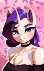 Size: 1300x2089 | Tagged: safe, artist:mrscroup, rarity, unicorn, anthro, g4, beautiful, chest fluff, choker, clothes, dress, female, lips, looking at you, shoulderless, smiling, solo