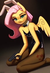 Size: 1400x2048 | Tagged: safe, artist:mrscroup, fluttershy, pegasus, anthro, g4, blushing, breasts, bunny ears, bunny suit, clothes, floppy ears, flutterbunny, gun, handgun, latex, pistol, solo, spread wings, stockings, thigh highs, wings