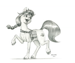 Size: 1400x1175 | Tagged: safe, artist:baron engel, sunny starscout, earth pony, pony, g5, my little pony: a new generation, bag, cloven hooves, concave belly, female, fit, mare, monochrome, muscles, open mouth, pencil drawing, saddle bag, slender, solo, thin, traditional art, unshorn fetlocks