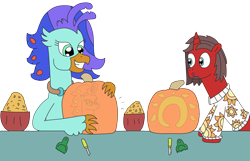 Size: 4097x2639 | Tagged: safe, artist:supahdonarudo, oc, oc only, oc:ironyoshi, oc:sea lilly, classical hippogriff, hippogriff, pony, unicorn, clothes, halloween, implied queen novo, jewelry, necklace, pumpkin, pumpkin carving, seeds, simple background, sweater, tools, transparent background