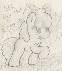 Size: 476x552 | Tagged: safe, artist:slightlyshade, apple bloom, earth pony, pony, g4, female, filly, raised hoof, sketch, solo, text, traditional art