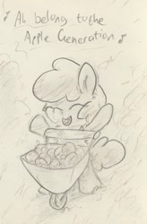 Size: 594x904 | Tagged: safe, artist:slightlyshade, apple bloom, earth pony, pony, g4, apple, cart, female, filly, food, singing, sketch, solo, text, traditional art