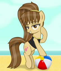 Size: 2652x3062 | Tagged: safe, artist:chomakony, oc, oc only, oc:shimmy aromel, earth pony, pony, beach, beach ball, bedroom eyes, clothes, earth pony oc, female, high res, hoof on cheek, looking at you, mare, ponytail, raised hoof, shirt, show accurate, smiling, smiling at you, solo