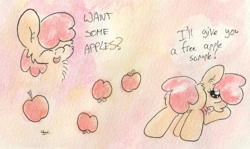 Size: 977x584 | Tagged: safe, artist:slightlyshade, apple bloom, earth pony, pony, g4, apple, female, filly, food, solo, text, traditional art