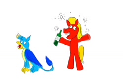 Size: 1280x854 | Tagged: safe, artist:horsesplease, gallus, sprout cloverleaf, griffon, g4, g5, my little pony: a new generation, bipedal, bottle, crowing, derp, drunk, gallus the rooster, gallusposting, go home you're drunk, happy, hoof hold, sad sprout, that pony sure does love tequila