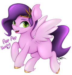 Size: 1951x2040 | Tagged: safe, artist:zyncrus, pipp petals, pegasus, pony, g5, my little pony: a new generation, adorapipp, colored pupils, cute, ear fluff, female, jewelry, looking at you, mare, open mouth, open smile, pipp pipp hooray, simple background, smiling, smiling at you, solo, spread wings, tiara, transparent background, wings