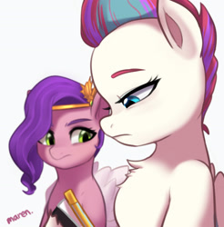Size: 2486x2527 | Tagged: safe, artist:maren, pipp petals, zipp storm, pegasus, pony, g5, my little pony: a new generation, spoiler:my little pony: a new generation, cellphone, chest fluff, chest fluff envy, doodle, duo, female, girl staring at guy's chest, high res, mare, meme, phone, ponified meme, royal sisters (g5), siblings, simple background, sisters, smartphone, white background