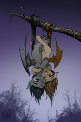 Size: 1719x2570 | Tagged: safe, artist:magfen, oc, oc only, bat pony, pony, bat pony oc, behaving like a bat, duo, female, hanging, hanging upside down, hug, male, oc x oc, prehensile tail, shipping, straight, tail, tree branch, upside down