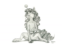 Size: 1400x1113 | Tagged: safe, artist:baron engel, izzy moonbow, pony, unicorn, g5, my little pony: a new generation, spoiler:my little pony: a new generation, :p, ball, bracelet, colored hooves, female, grayscale, izzy's tennis ball, jewelry, looking up, mare, monochrome, pencil drawing, simple background, sitting, solo, tennis ball, tongue out, traditional art, white background
