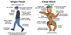 Size: 2600x1280 | Tagged: safe, flash sentry, hitch trailblazer, earth pony, pony, equestria girls, g4, g5, my little pony: a new generation, spoiler:my little pony: a new generation, bipedal, chad, meme, op has a point, op is a boomer, satire, virgin, virgin walk