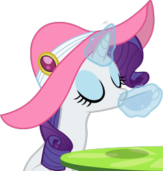 Size: 2258x2373 | Tagged: safe, artist:frownfactory, rarity, pony, unicorn, sweet and elite, cup, drinking, eyes closed, food, hat, high res, horn, magic, magic aura, raritea, simple background, solo, table, tea, teacup, transparent background, vector