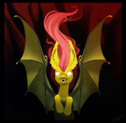 Size: 3228x3146 | Tagged: safe, artist:opalacorn, fluttershy, bat pony, pony, g4, bat ponified, big ears, fangs, flutterbat, glowing, glowing eyes, high res, race swap, solo, white eyes