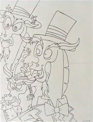 Size: 1280x1683 | Tagged: safe, artist:gojira1604shinomura, discord, draconequus, g4, season 5, season 6, angry, bowtie, forked tongue, hat, lineart, pencil drawing, photo, top hat, traditional art