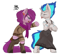Size: 2472x2215 | Tagged: safe, artist:beardie, oc, oc only, oc:deathlight, oc:peony nightwish, earth pony, pony, bipedal, crossdressing, crossed arms, female, high res, male, simple background, transparent background
