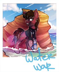 Size: 1600x1955 | Tagged: safe, artist:lonerdemiurge_nail, earth pony, pony, bipedal, bring me the horizon, clothes, cloud, commission, disguise, disguised seapony, facial hair, grin, happy, hoof hold, jewelry, jordan fish, long sleeves, male, necklace, ocean, ponified, rock, sky, smiling, solo, stallion, text, water, watergun, wet, ych result