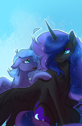 Size: 1186x1826 | Tagged: safe, artist:cosmalumi, nightmare moon, princess luna, alicorn, pony, tumblr:ask queen moon, alternate universe, chest fluff, duality, duo, ear fluff, eye contact, eyeshadow, female, floppy ears, frown, head turned, hoof on shoulder, lidded eyes, looking at each other, looking back, makeup, mare, missing accessory, open mouth, s1 luna, sad, self ponidox, simple background, sitting, size difference, spread wings, wing fluff, wings, wings down, worried