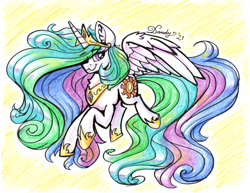 Size: 3300x2550 | Tagged: safe, artist:dandy, princess celestia, alicorn, pony, g4, colored pencil drawing, female, hair over one eye, high res, jewelry, looking at you, ponytober, regalia, solo, traditional art