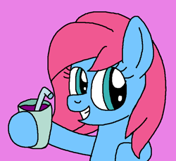 Size: 664x609 | Tagged: safe, artist:brobbol, baby cuddles, earth pony, pony, fanfic:drunken cuddles, g1, g4, baby, baby pony, cuddlebetes, cup, cute, drink, female, filly, g1 to g4, generation leap, grin, juice, like a boss, pink background, prune juice, sage, simple background, smiling, solo, straw, surprise tales