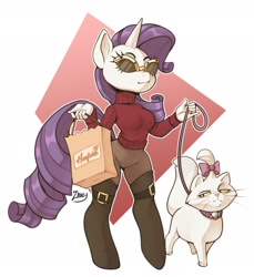 Size: 2504x2732 | Tagged: safe, artist:zoketchi, opalescence, rarity, cat, unicorn, anthro, unguligrade anthro, g4, bag, clothes, high res, knee-high boots, leash, paper bag, signature, simple background, smiling, solo, sunglasses, sweater