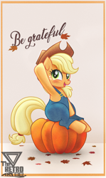 Size: 1298x2174 | Tagged: safe, artist:theretroart88, applejack, earth pony, pony, g4, clothes, cute, jackabetes, leaves, open mouth, pumpkin, sitting, solo