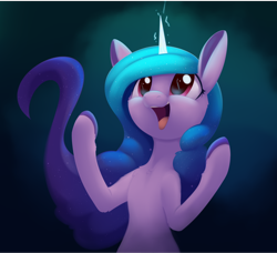 Size: 1312x1195 | Tagged: safe, artist:dusthiel, izzy moonbow, pony, unicorn, g5, my little pony: a new generation, spoiler:my little pony: a new generation, female, glowing, glowing horn, horn, looking up, mare, open mouth, open smile, ponytober, smiling, solo, unshorn fetlocks