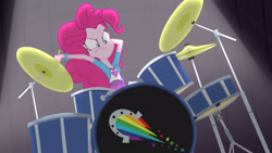 Size: 3410x1920 | Tagged: safe, screencap, pinkie pie, equestria girls, g4, my little pony equestria girls: rainbow rocks, awesome as i want to be, drum kit, drums, drumsticks, female, high res, musical instrument, solo