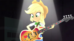 Size: 3410x1920 | Tagged: safe, screencap, applejack, equestria girls, g4, my little pony equestria girls: rainbow rocks, applejack's hat, awesome as i want to be, bass guitar, clothes, cowboy hat, cowgirl, cute, denim skirt, female, hat, high res, jackabetes, musical instrument, skirt, smiling, solo, stetson