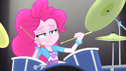 Size: 3410x1920 | Tagged: safe, screencap, pinkie pie, equestria girls, g4, my little pony equestria girls: rainbow rocks, awesome as i want to be, bored, drum kit, drums, drumsticks, female, high res, musical instrument, pinkie pie is not amused, solo, unamused