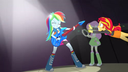 Size: 3410x1920 | Tagged: safe, screencap, fluttershy, rainbow dash, sunset shimmer, equestria girls, g4, my little pony equestria girls: rainbow rocks, awesome as i want to be, bass guitar, boots, clothes, cutie mark, cutie mark on clothes, eyes closed, female, grin, hairpin, high res, musical instrument, shoes, smiling, tambourine