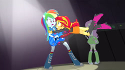 Size: 3410x1920 | Tagged: safe, screencap, fluttershy, rainbow dash, sunset shimmer, equestria girls, g4, my little pony equestria girls: rainbow rocks, awesome as i want to be, bass guitar, boots, clothes, cutie mark, cutie mark on clothes, eyes closed, female, high res, musical instrument, open mouth, shoes, tambourine