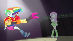 Size: 3410x1920 | Tagged: safe, screencap, fluttershy, rainbow dash, sunset shimmer, equestria girls, g4, my little pony equestria girls: rainbow rocks, awesome as i want to be, bass guitar, boots, clothes, cutie mark, cutie mark on clothes, eyes closed, female, hairpin, high res, musical instrument, open mouth, shoes, tambourine
