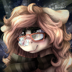 Size: 1000x1000 | Tagged: safe, artist:lenapetrushka, oc, oc only, butterfly, earth pony, pony, bust, clothes, eyelashes, female, mare, scarf, signature, smiling, solo