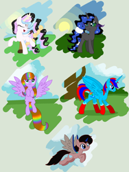Size: 1636x2180 | Tagged: safe, artist:bookwormpony, oc, oc only, alicorn, pegasus, pony, alicorn oc, clothes, ethereal mane, eyes closed, female, flying, horn, male, mare, multicolored hair, pegasus oc, rainbow hair, socks, stallion, starry mane, wings