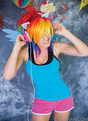 Size: 620x850 | Tagged: safe, artist:jessica nigri, rainbow dash, human, g4, 2015, clothes, cosplay, costume, headphones, irl, irl human, photo, shorts, sleeveless, tank top