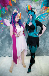 Size: 649x1000 | Tagged: safe, artist:jessie lykens, artist:yashuntafun, princess cadance, queen chrysalis, human, g4, 2015, clothes, cosplay, costume, hand on hip, irl, irl human, photo