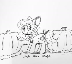 Size: 1280x1131 | Tagged: safe, artist:debmervin, oc, oc:pumpkin spice, earth pony, pony, bow, female, mare, monochrome, pumpkin, tail, tail bow