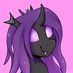 Size: 2894x2894 | Tagged: safe, artist:jellysketch, oc, oc only, oc:violet rose, changeling, nymph, bust, changeling oc, commission, female, filly, happy, high res, pink background, portrait, purple, purple changeling, purple eyes, purple mane, simple background, smiling, young