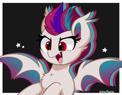 Size: 5504x4281 | Tagged: safe, artist:kittyrosie, zipp storm, bat pony, pony, g5, my little pony: a new generation, absurd resolution, bat ears, bat ponified, bat wings, chest fluff, colored wings, fangs, female, mare, multicolored wings, open mouth, open smile, race swap, red eyes, smiling, solo, spread wings, wings, zippbat