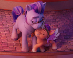 Size: 986x785 | Tagged: safe, screencap, argyle starshine, sunny starscout, earth pony, pony, g5, my little pony: a new generation, spoiler:my little pony: a new generation, cropped, cute, duo, eyes closed, fake horn, fake wings, father and child, father and daughter, female, filly, filly sunny starscout, glasses, male, mare, nuzzling, stallion, sweet dreams fuel