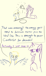 Size: 2238x3674 | Tagged: safe, artist:manicpanda, derpy hooves, twilight sparkle, pegasus, pony, unicorn, g4, comic, crime, dialogue, high res, implied ponies eating meat, magic, magic abuse, no pupils, open mouth, speech bubble, spread wings, stealing, talking, underp, unicorn twilight, wings