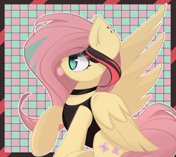 Size: 1960x1750 | Tagged: safe, artist:miryelis, fluttershy, pegasus, pony, g4, alternate hairstyle, bubblegum, choker, clothes, ear piercing, earring, food, gum, jewelry, piercing, solo, tomboy