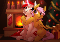Size: 3508x2480 | Tagged: safe, artist:underpable, oc, oc only, oc:ruby heartstrings (rhstrings), pegasus, pony, unicorn, :p, blushing, candle, christmas, christmas stocking, christmas tree, commission, duo, female, fire, fireplace, high res, holiday, holly, holly mistaken for mistletoe, hug, lesbian, looking at each other, magic, oc x oc, ornament, present, shipping, sitting, smiling, smiling at each other, telekinesis, tongue out, tree