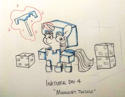 Size: 1714x1328 | Tagged: safe, artist:tjpones, twilight sparkle, pony, unicorn, armor, clothes, costume, diamond armor, diamond pickaxe, female, filly, filly twilight sparkle, halloween, halloween costume, inktober, inktober 2021, levitation, looking at you, magic, minecraft, partial color, pickaxe, solo, squatpony, telekinesis, traditional art, twiggie, unicorn twilight, younger