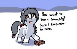Size: 846x540 | Tagged: safe, artist:neuro, oc, oc only, earth pony, pony, yakutian horse, bow, coat markings, female, filly, fluffy, looking up, snow, snowpity, solo, suitcase, tail, tail bow, talking to viewer