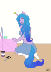 Size: 3307x4677 | Tagged: safe, artist:sforcetheartist, izzy moonbow, unicorn, anthro, plantigrade anthro, g5, my little pony: a new generation, spoiler:my little pony: a new generation, ball, clothes, izzy's tennis ball, midriff, scissors, shorts, socks, stocking feet, tank top, tennis ball