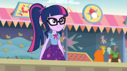 Size: 3410x1920 | Tagged: safe, screencap, golden hazel, sandalwood, sci-twi, twilight sparkle, equestria girls, equestria girls specials, g4, my little pony equestria girls: better together, my little pony equestria girls: rollercoaster of friendship, bowtie, clothes, cutie mark, cutie mark on clothes, female, geode of telekinesis, glasses, high res, jewelry, magical geodes, male, necklace, ponytail, smiling, solo focus